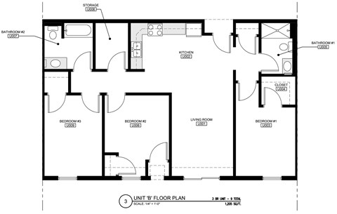 Floor plan for 3 beds, 2 baths, 1205 sqft